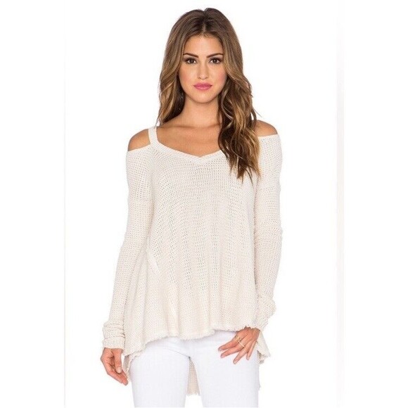 Free People Sweaters - Free People Moonshine Cold Shoulder Cream Waffle Knit Sweater Size S Boho Cotton